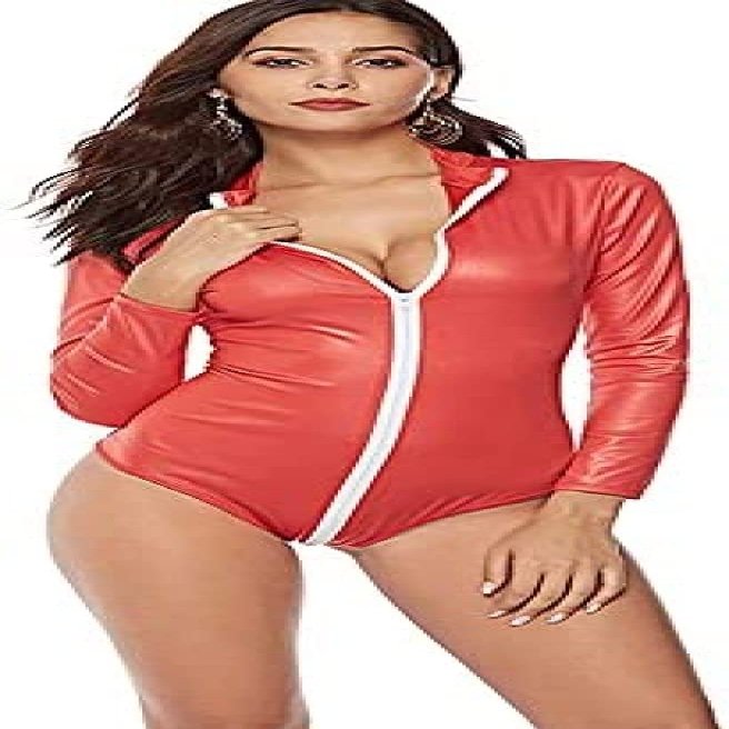 Faux Leather Bodysuit Women Faux Leather Bodysuit Latex Lingerie Front Zipper Open Crotch Bodysuit Pole Dance Clubwear,Red,3X-Large