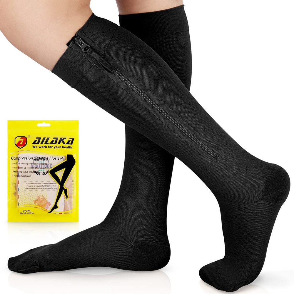 Ailaka Zipper Compression Socks for Men Women - 20-30 mmHg Close Toe Knee High Medical Compression Socks with Zipper, Zip Up Socks for Varicose Veins, Edema, Recovery, Pregnant, Nurse (Black, M)