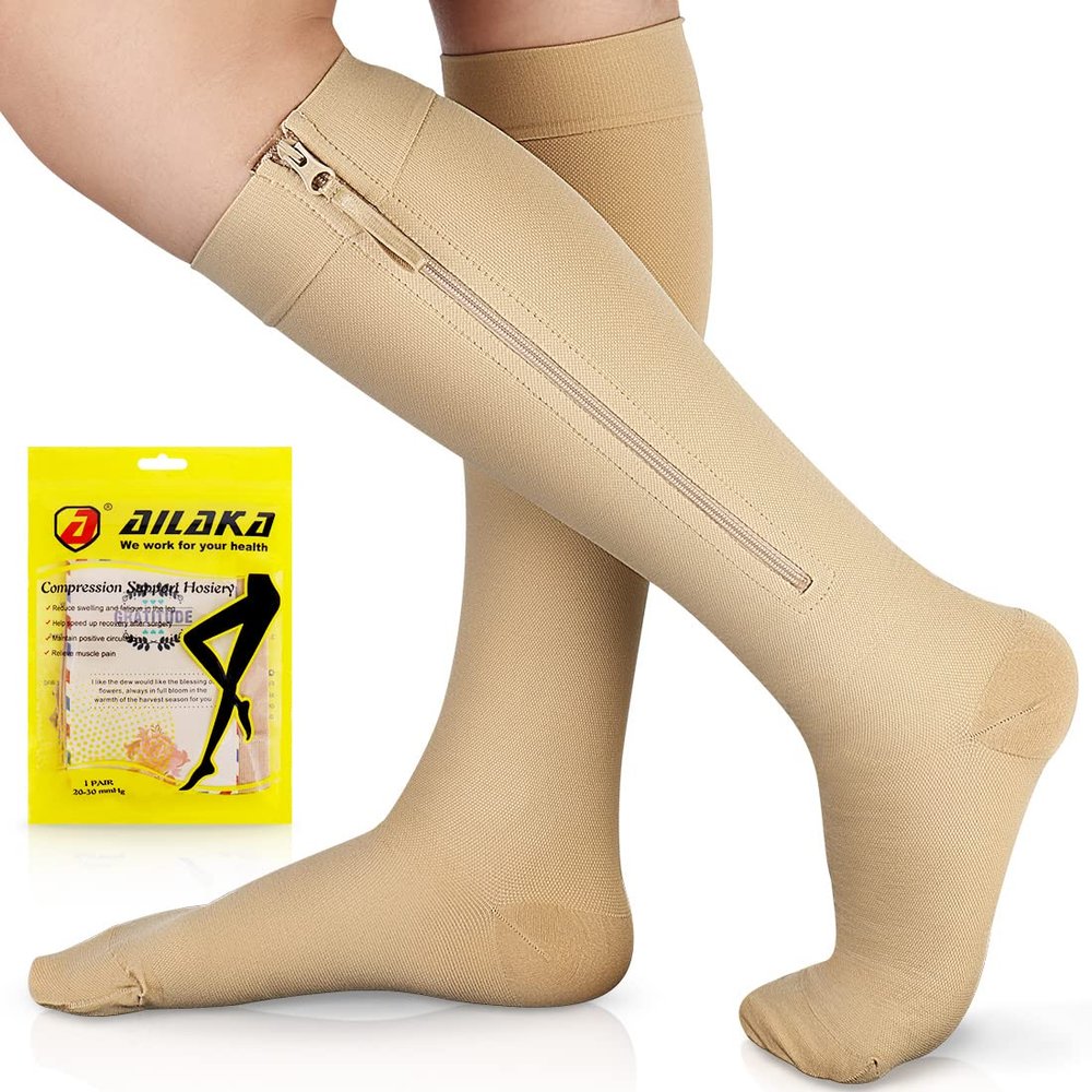 Ailaka Zipper Compression Socks for Men Women - 20-30 mmHg Close Toe Knee High Medical Compression Socks with Zipper, Zip Up Socks for Varicose Veins, Edema, Recovery, Pregnant, Nurse (XX-Large)