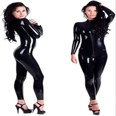 Women Latex Catsuit Clubwear Shiny Faux Leather Bodysuit,Black,Medium