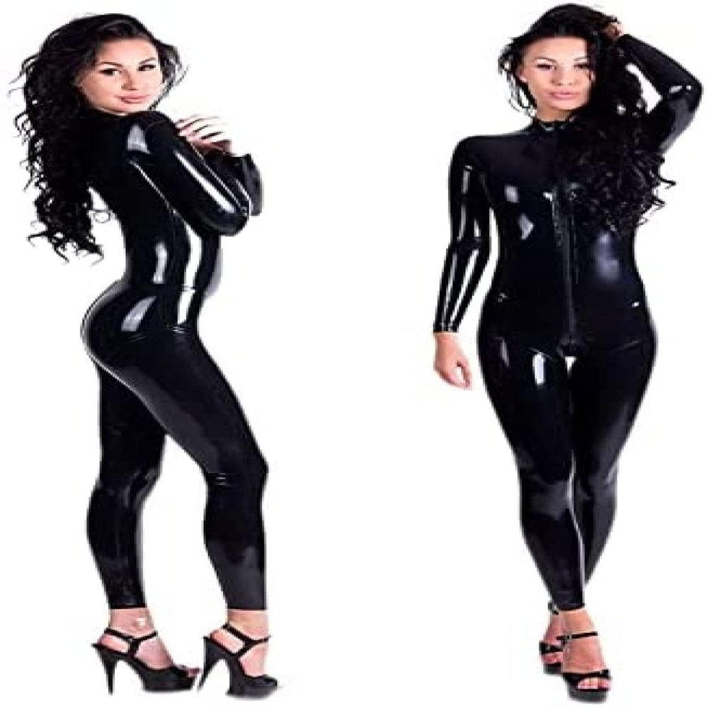 Women Latex Catsuit Clubwear Shiny Faux Leather Bodysuit,Black,Medium