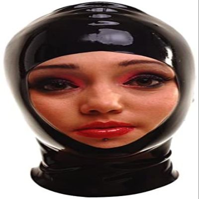 Latex Rubber Club Hood Mask with Face Opening,Black,Large