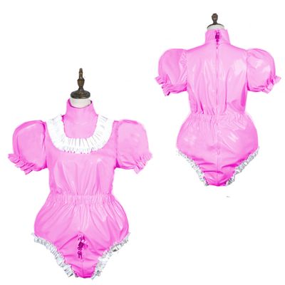 Bodysuit Shiny PVC Short Sleeve Maid Costume Vinyl Maid Dress Lockable Jumpsit Plus Size,Pink,7XL