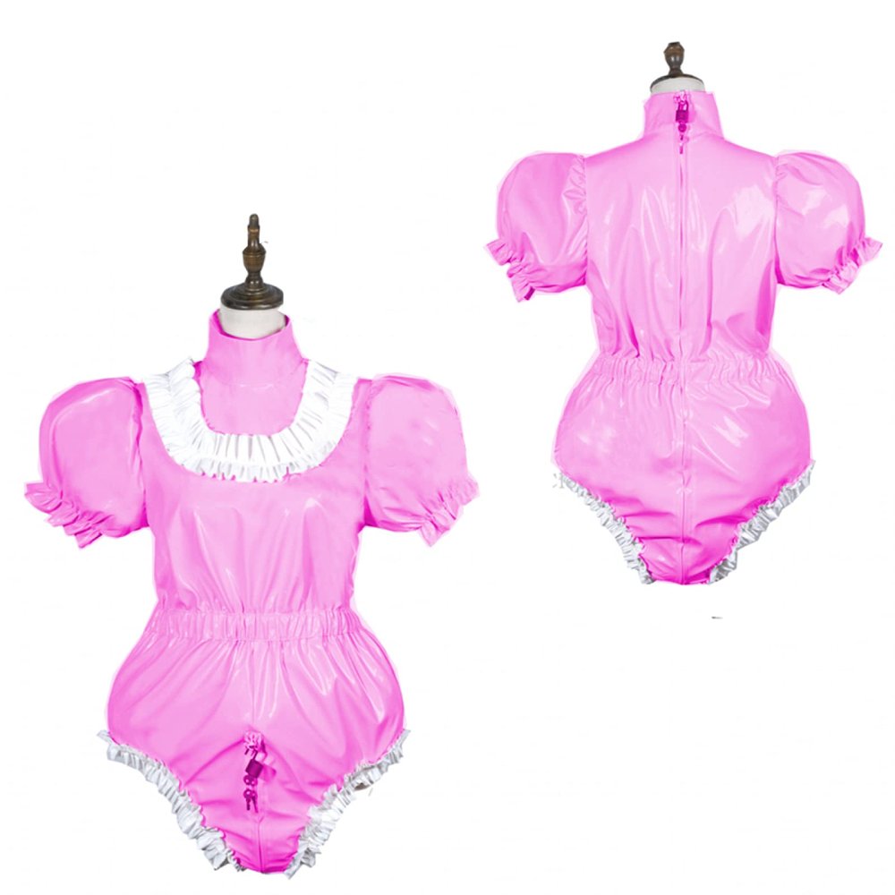Bodysuit Shiny PVC Short Sleeve Maid Costume Vinyl Maid Dress Lockable Jumpsit Plus Size,Pink,7XL