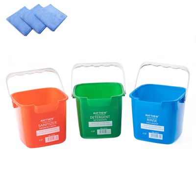 Matthew Red&Green&Blue Detergent and Sanitizing Cleaning Bucket 3 Quart Cleaning Pail,Set of 3 Square Containers,Built-In Spout w/Handle,Wash Rinse Sanitize Handwash Bucket,Incl.3Pcs Microfiber Cloths
