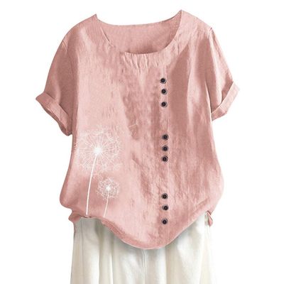T-Shirt Women's Summer Blouse Short Sleeve T-Shirt V-Neck Clothing Woman Loose Comfortable Crew Neck Clothes Pullover Teenager Pullover with Print T-Shirt Loose, pink, XL