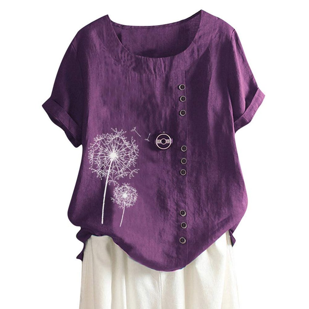 T-Shirt Women's Summer Blouse Short Sleeve T-Shirt V-Neck Clothing Woman Loose Comfortable Crew Neck Clothes Pullover Teenager Pullover with Print T-Shirt Loose, purple, Large