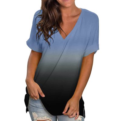 Women's T-Shirt Summer Women's Blouse Short Sleeve V-Neck Summer Shirts Basic Shirt Pullover Crew Neck Clothes Flowers Print Long Blouse for Women Soft Tee Shirt Pullover, darkblue, Large