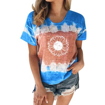 Women's T-Shirt Summer Women's Blouse Short Sleeve Floral Print T-Shirt Clothing Woman Basic Shirt Pullover Crew Neck Clothes T-Shirt Tops Casual Plain Tops Women's Blouse, blue, XXL