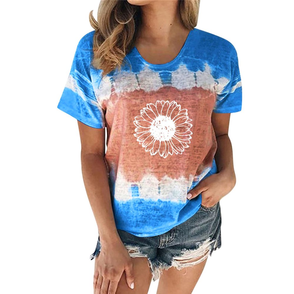 Women's T-Shirt Summer Women's Blouse Short Sleeve Floral Print T-Shirt Clothing Woman Basic Shirt Pullover Crew Neck Clothes T-Shirt Tops Casual Plain Tops Women's Blouse, blue, XXL