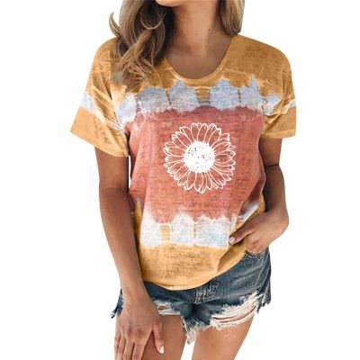 Women's T-Shirt Summer Women's Blouse Short Sleeve Floral Print T-Shirt Clothing Woman Basic Shirt Pullover Crew Neck Clothes T-Shirt Tops Casual Plain Tops Women's Blouse, khaki, Large
