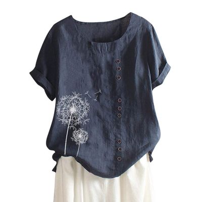 T-Shirt Women's Summer Blouse Short Sleeve T-Shirt V-Neck Clothing Woman Loose Comfortable Crew Neck Clothes Pullover Teenager Pullover with Print T-Shirt Loose, navy, XL
