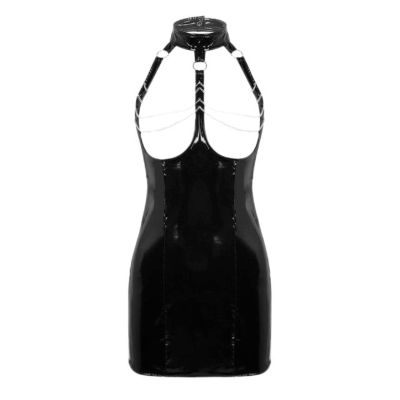 CHOUBAGUAI Women's PVC Leather Lingerie Mini Bodycon Latex Dress Hot Sexy Backless Open Cup Tassel Party Evening Dress Clubwear-Black,S