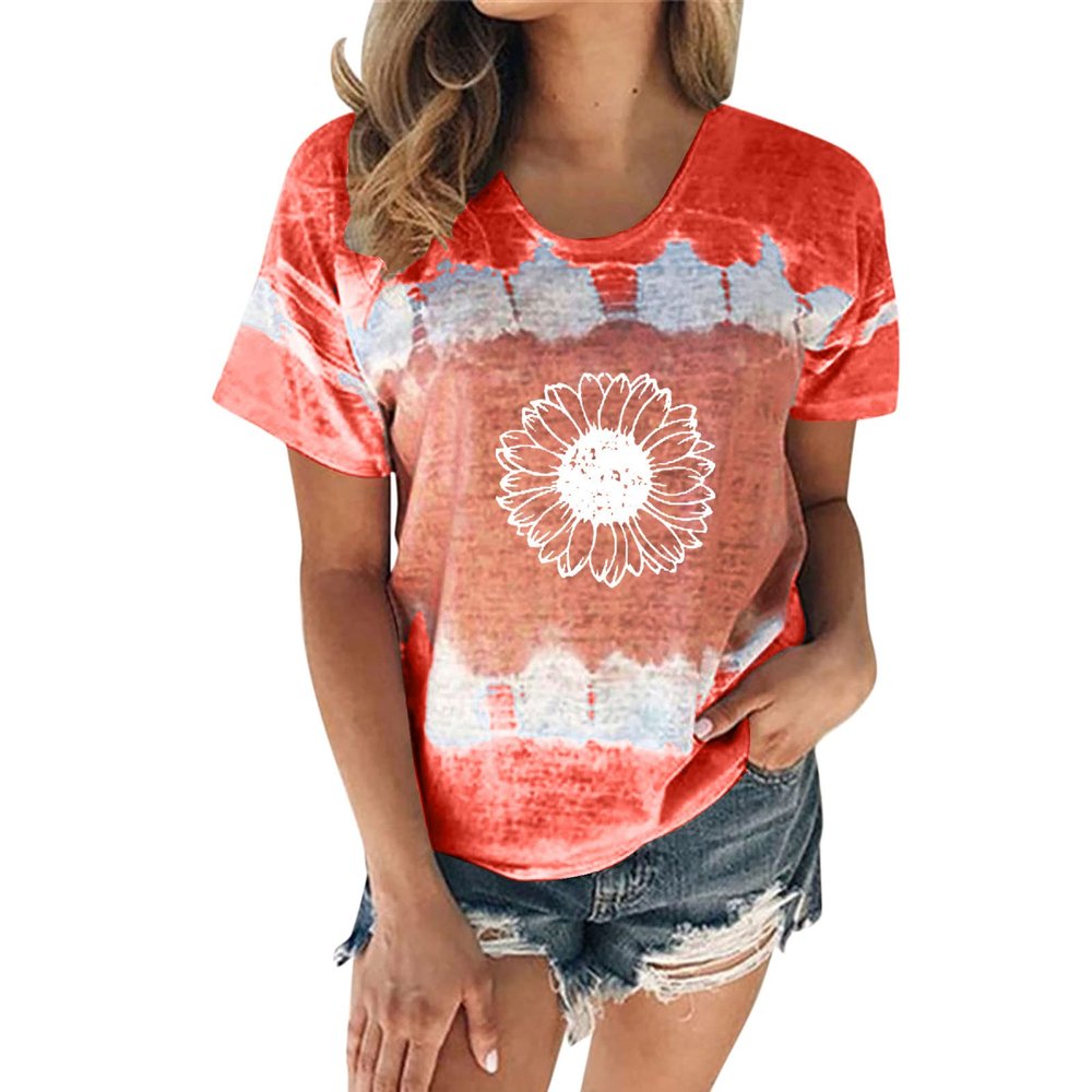 Women's T-Shirt Summer Women's Blouse Short Sleeve Floral Print T-Shirt Clothing Woman Basic Shirt Pullover Crew Neck Clothes T-Shirt Tops Casual Plain Tops Women's Blouse, Wine Red, XL