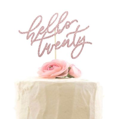 Hello Twenty Cake Topper, Happy 20th Birthday Cake Decorations, Handwriting Script 20th Anniversary Party, Rose Gold Glitter