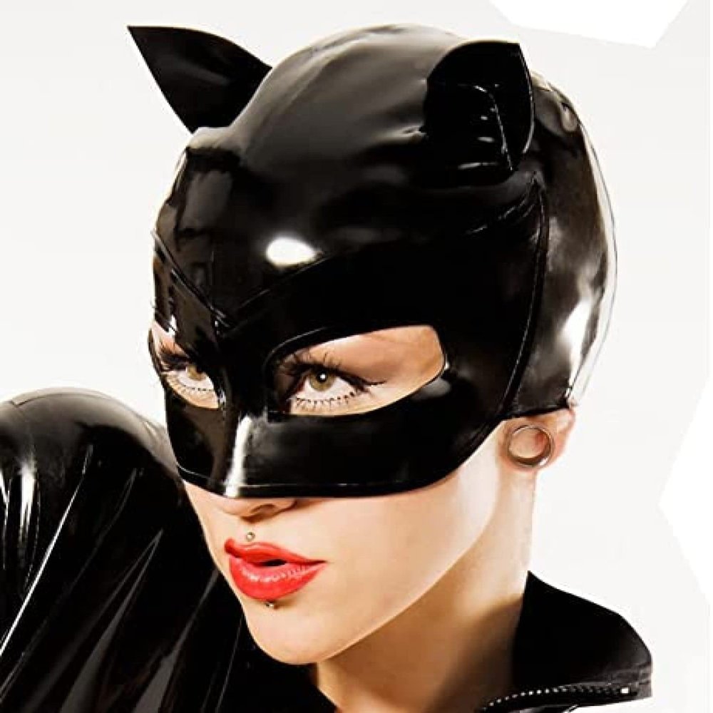 Latex Hood Women Mask with Eyes Cat Ear Rubber Party Mask,Black,Large