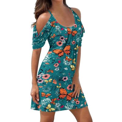 Summer Dress Women's Short, Shoulderless Mini Dress Women's Sexy A-line Dresses Women's Short Sleeve Beach Dress Summer Casual Dress Strappy Dress Flower Dress Elegant Dress Round Neck Beach Dresses