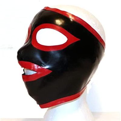 Latex Hood for Women Rubber Pull On Black Latex Mask Hood with Red Trim 0.6mm Latex,Black and Red Trim,XX-Large