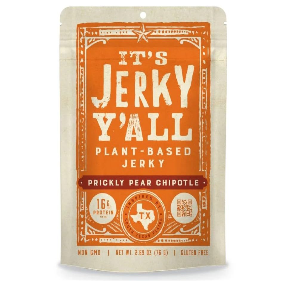Its Jerky Yall Prickly Pear Chipotle Plant Based Jerky Vegan Soy Jerky with Prickly Pear & Chipotle, High Protein Snack from Texas Gluten Free, Non-GMO, Vegan, Plant-Based Meat Alternative