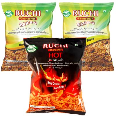 Ruchi Chanachur mixed packs - 3 packs : Two Bar-B-Q & 1 Spicy Hot, 300g x 3 packs (2BBQ+1Hot)