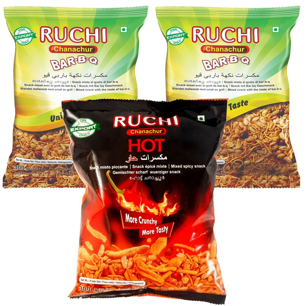 Ruchi Chanachur mixed packs - 3 packs : Two Bar-B-Q & 1 Spicy Hot, 300g x 3 packs (2BBQ+1Hot)