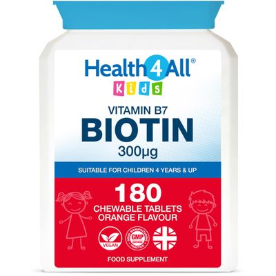 Health4All Kids D-Biotin 180 Chewable Tablets 6 Months Supply, Hair Growth and Strong Nails Supplement for Children 4+, Natural Vegan Orange Flavour, Sugar Free | Made in UK (not Gummies)