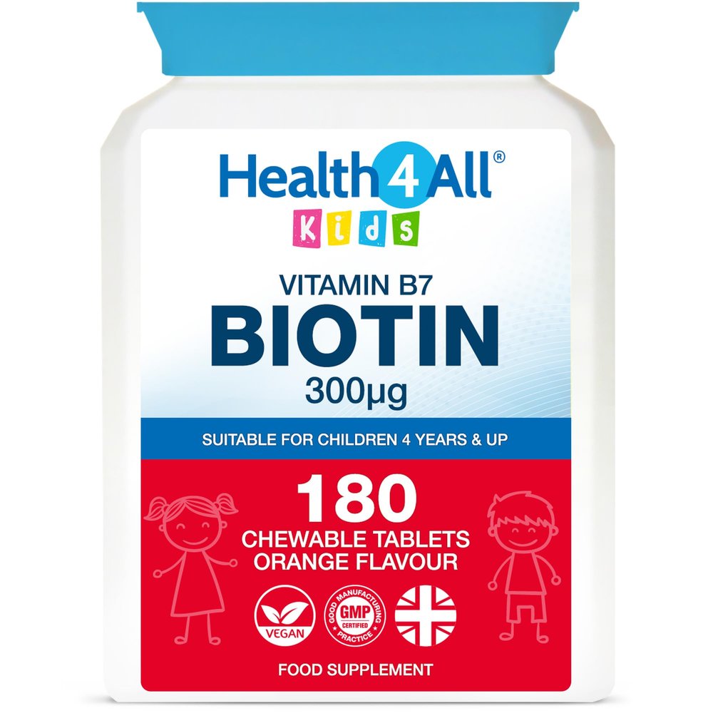 Health4All Kids D-Biotin 180 Chewable Tablets 6 Months Supply, Hair Growth and Strong Nails Supplement for Children 4+, Natural Vegan Orange Flavour, Sugar Free | Made in UK (not Gummies)