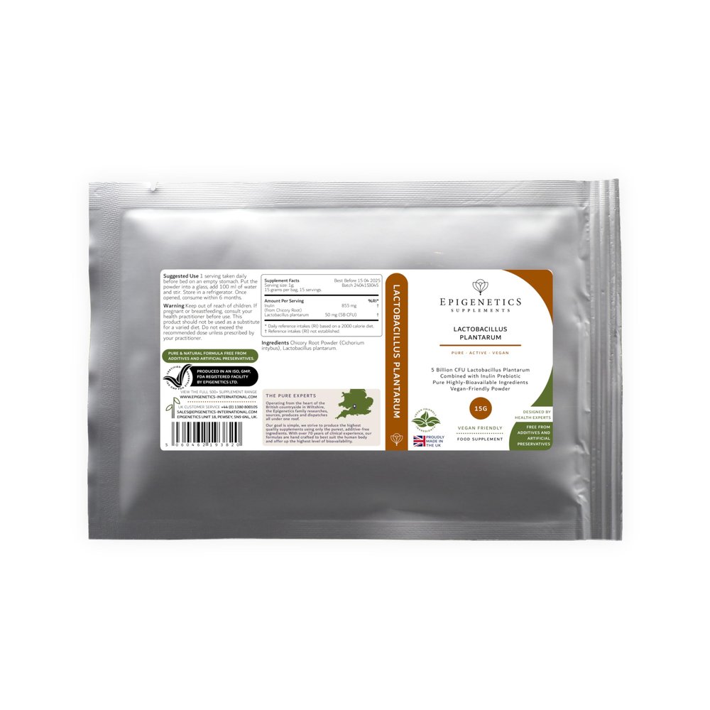 Lactobacillus Plantarum 15g | 5 Billion CFU Probiotic + Chicory Root Prebiotic (Inulin) | Vegan Friendly Powder UK Made | 1g Daily (15 Servings)