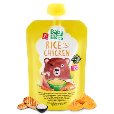 Baby Likes Halal Organic Rice and Chicken (12 x 130g) l Halal Meat & Organic Vegetable Baby Food Puree Pouches for Stage 2 Weaning l With Coconut Milk, Herbs & Spices l Dairy Free l 7 months +
