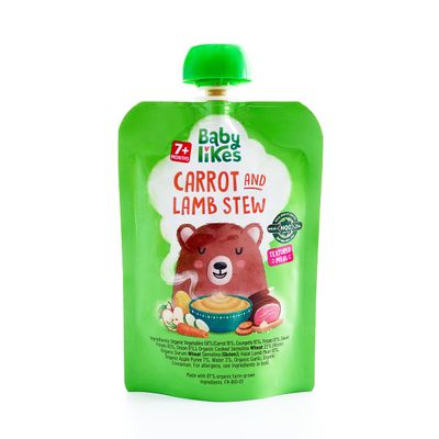 Baby Likes Halal Organic Food Pouches - Stage 2 Baby Puree Carrot and Lamb Stew 12 Pouches x 130g, Suitable for 7+ months
