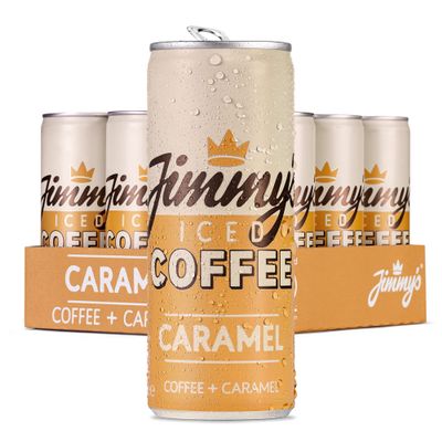 Jimmy's Iced Coffee Caramel SlimCan Multipack (12 x 250 ml) Refreshing, Ready to Drink Rainforest Alliance Arabica Chilled Coffee Energy Drink