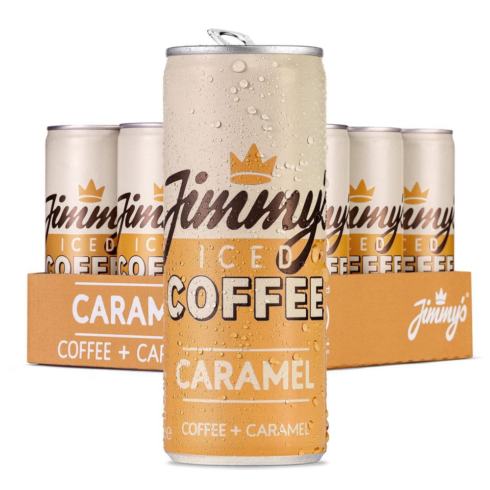 Jimmy's Iced Coffee Caramel SlimCan Multipack (12 x 250 ml) Refreshing, Ready to Drink Rainforest Alliance Arabica Chilled Coffee Energy Drink