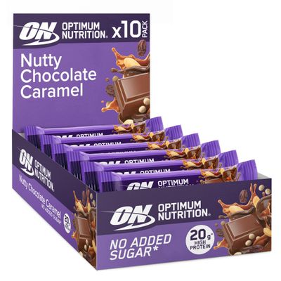 Optimum Nutrition Nutty Chocolate Caramel, Crispy Protein Bars, No Added Sugars, On the Go, Pre-Workout and Post-Workout Gym Snack for Men and Women, 10 x 70 g
