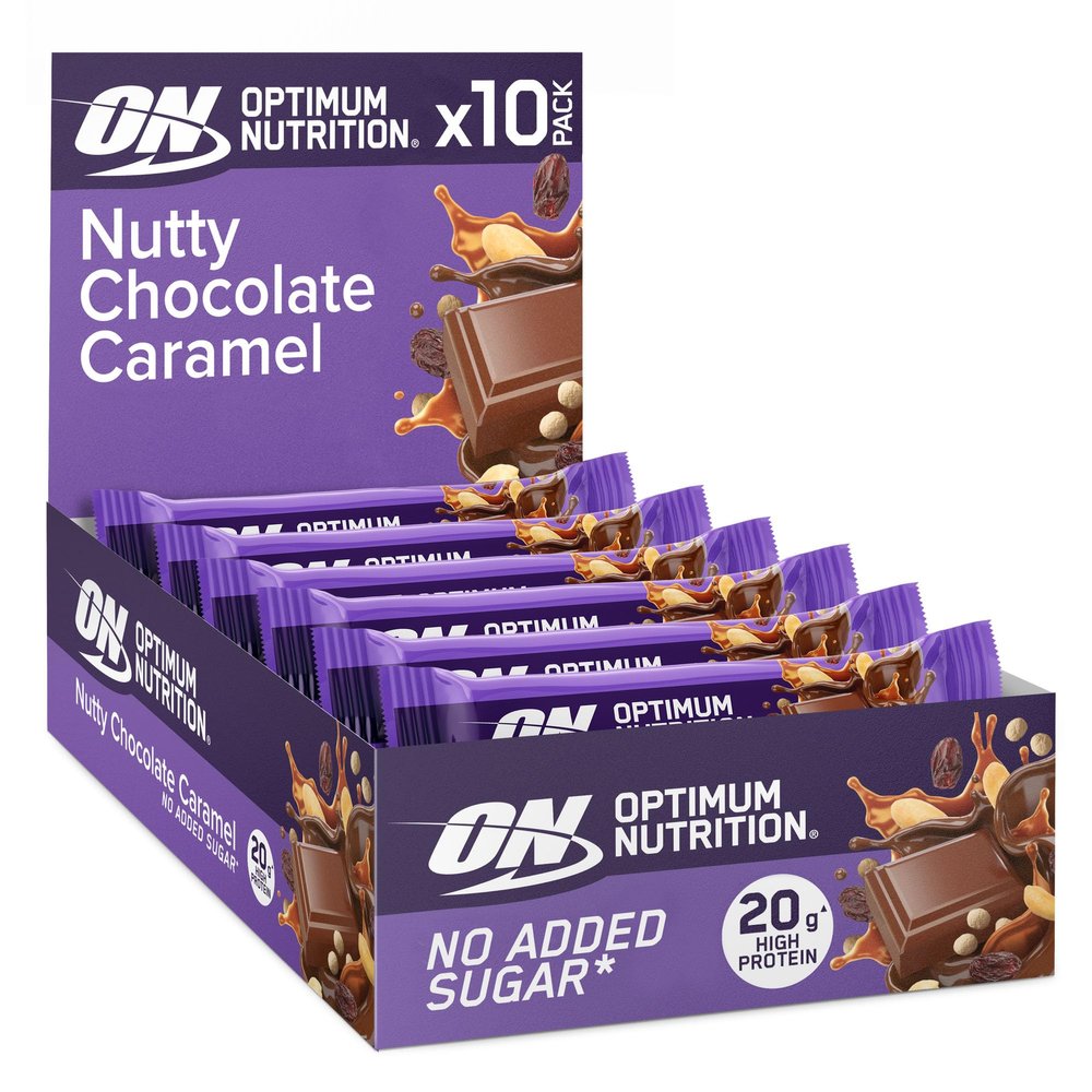 Optimum Nutrition Nutty Chocolate Caramel, Crispy Protein Bars, No Added Sugars, On the Go, Pre-Workout and Post-Workout Gym Snack for Men and Women, 10 x 70 g