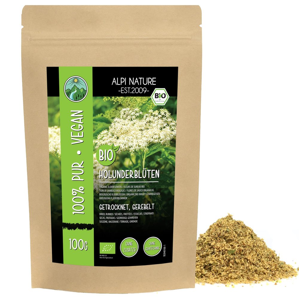 Alpi Nature Organic Elderflower Tea 100g 3.5 oz, Dried and Rubbed Elderflower Herb, Loose Tea