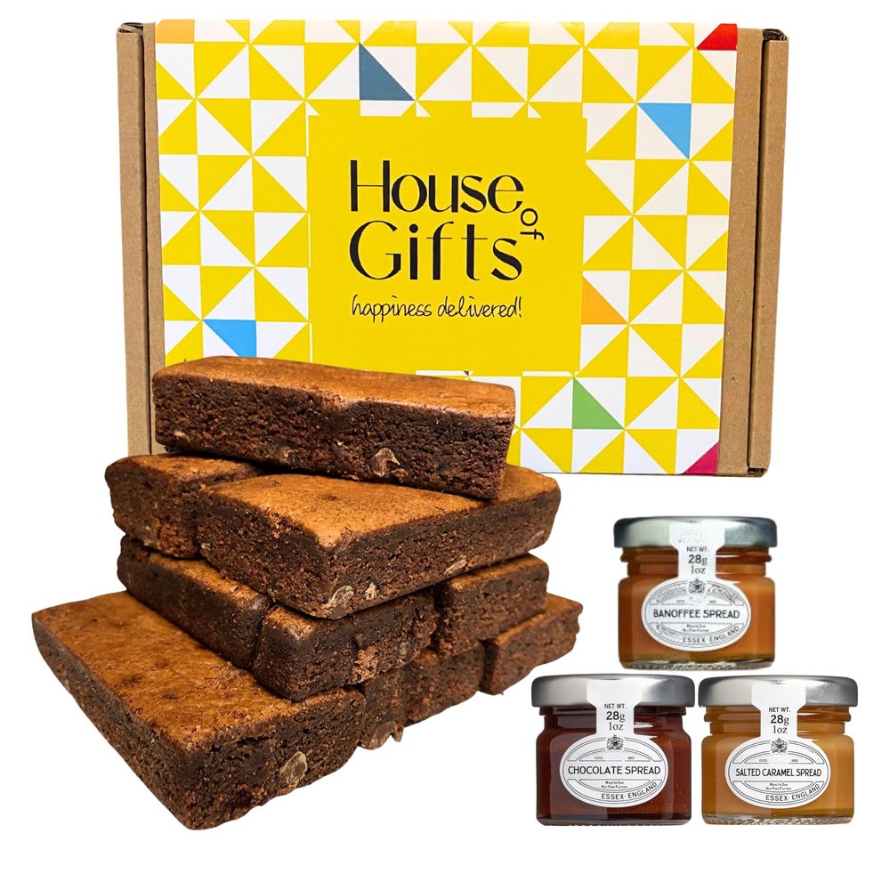 Chocolate Brownie Gift Box by Post | 8 Hand Baked Brownies with Unique Preserves Spreads Including Salted Caramel, Chocolate & Banoffee