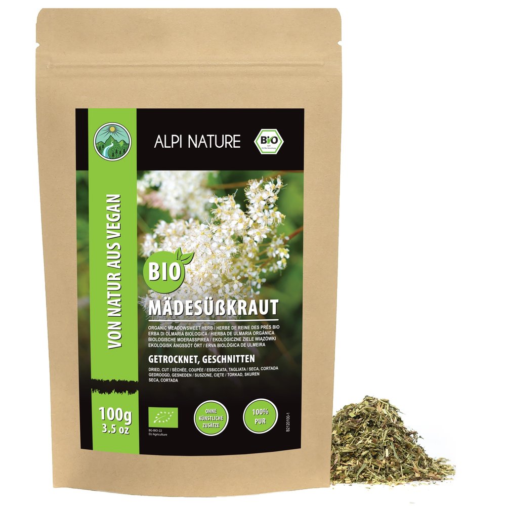 Alpi Nature Organic Meadowsweet Tea 100g 3.5 oz, Dried and Cut Meadowsweet Herb, Loose Leaf Tea