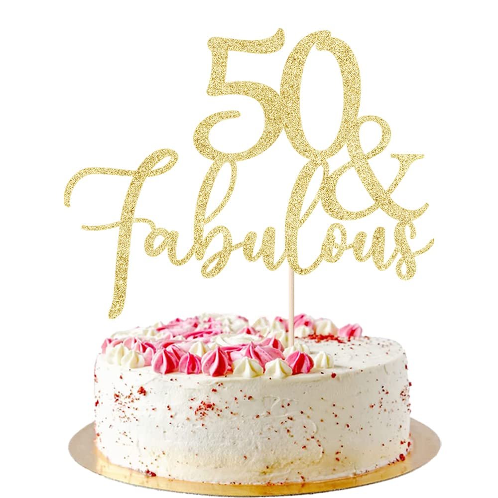 AROKIPPRY Gold Glitter 50 & Fabulous Cake Topper, Cake Topper 50th Birthday, 50 Anniversary Birthday Cake Decorations Supplies (50)