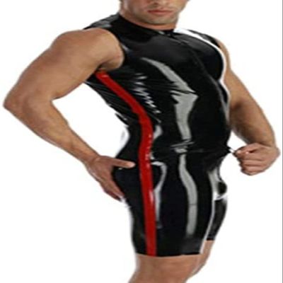 0.6MM Thickness Latex Catsuit Black Latex Rubber Catsuit with Red Trim,Clear,Large