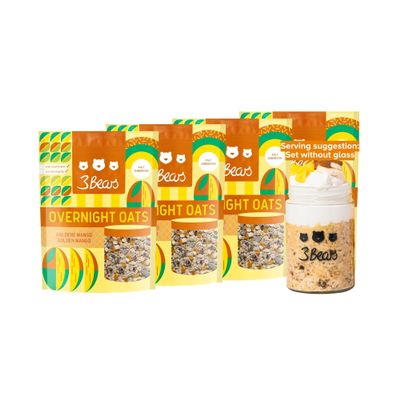 3Bears Overnight Oats Golden Mango I 4 x 400g Vegan Porridge Sachets | Overnight Oats Vegan | Vegan Overnight Oats | Porridge Oats | Overnight Porridge Oats | Over Night Oats