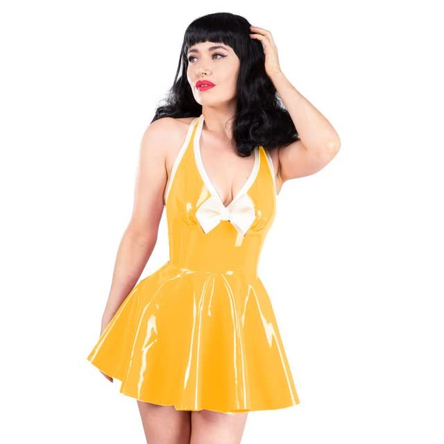 Womens Ladies Faux Leather Pleated Bow Mini Dress Sleeveless Backless PVC Wet Look Dress A-line Sexy V Neck Clubwear