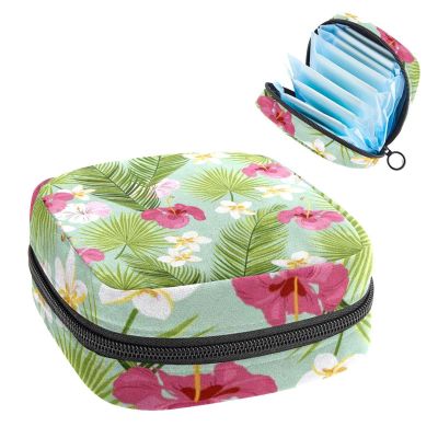 Period Pouch Portable Tampon Storage Bag,Tampon Holder for Purse Feminine Product Organizer,Tropical Flowers-Leaves
