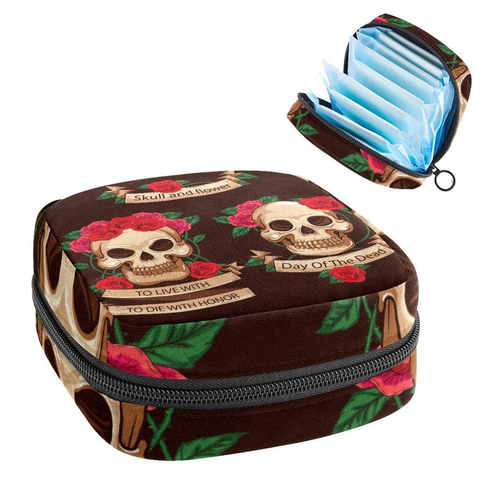 Period Pouch Portable Tampon Storage Bag,Tampon Holder for Purse Feminine Product Organizer,Mexico Day of The Dead Sugar Skull Flower