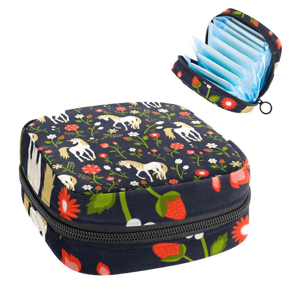 Period Pouch Portable Tampon Storage Bag,Tampon Holder for Purse Feminine Product Organizer,Cartoon Unicorn and Flowers