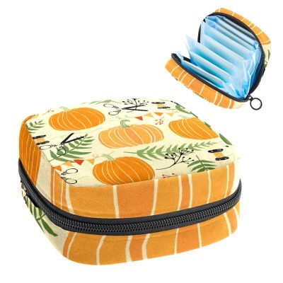 Period Pouch Portable Tampon Storage Bag,Tampon Holder for Purse Feminine Product Organizer,Festive Pumpkins Ferns