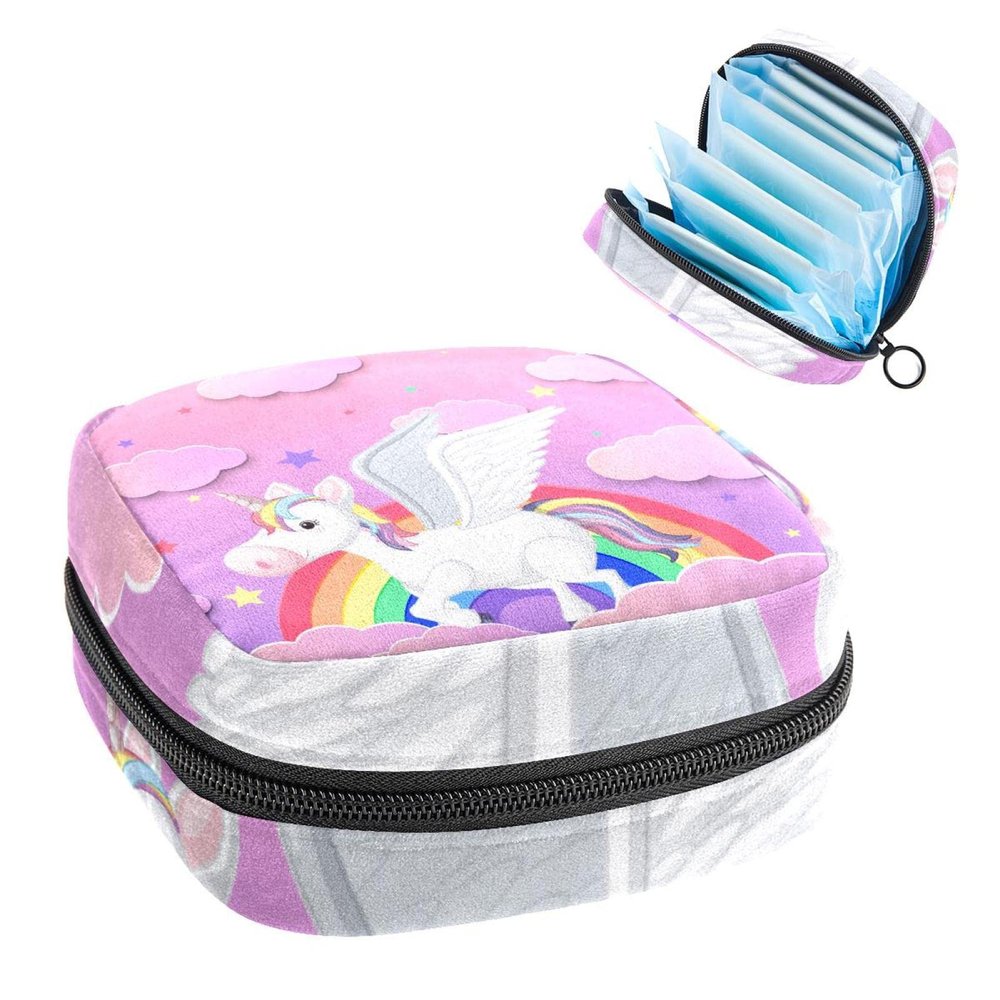 Cute Pink Unicorn Rainbow Clouds,Period Pouch Portable,Tampon Storage Bag,Tampon Holder for Purse Feminine Product Organizer