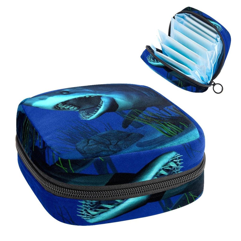 3D White Shark Swimming in Ocean,Period Pouch Portable,Tampon Storage Bag,Tampon Holder for Purse Feminine Product Organizer