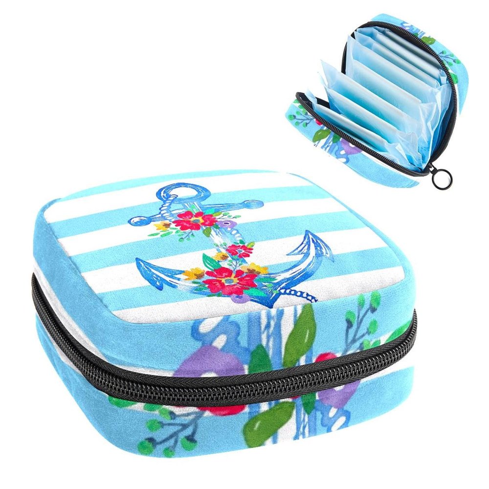 Period Pouch Portable Tampon Storage Bag,Tampon Holder for Purse Feminine Product Organizer,Hand Drawn Anchor with Flowers Blue Stripes Pattern