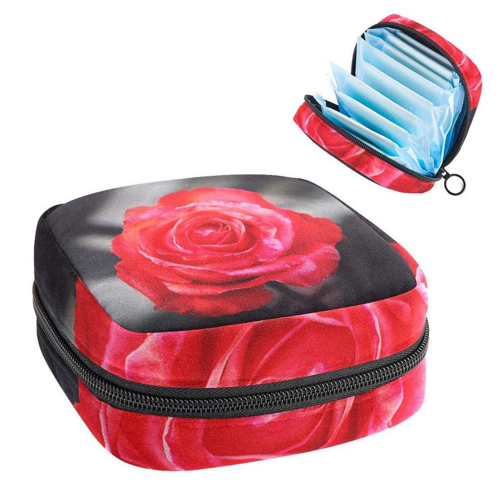 Red Rose,Period Pouch Portable,Tampon Storage Bag,Tampon Holder for Purse Feminine Product Organizer