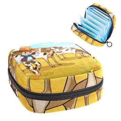 a Cowboy with Two Cows Eating,Period Pouch Portable,Tampon Storage Bag,Tampon Holder for Purse Feminine Product Organizer